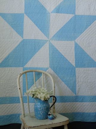 Fall Cottage Home Vintage Blue & White Star Quilt Quilting 83 " X 81