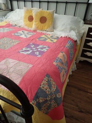 Fall Vintage Cottage Pink & Yellow Feedsack Quilt Farmhouse 82x72 "