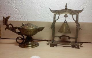 2 Interesting Asian Items A Vintage Brass Bell And A Genie Lamp Incense Burner