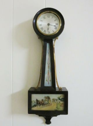 Vintage Seth Thomas Banjo Clock Key Wind.  18 1/2 ".  Stagecoach Scene.  J3.