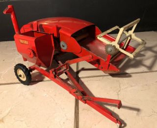Large Vintage Steel Farm Toy Tru - Scale Pull Combine Red Tractor Plow