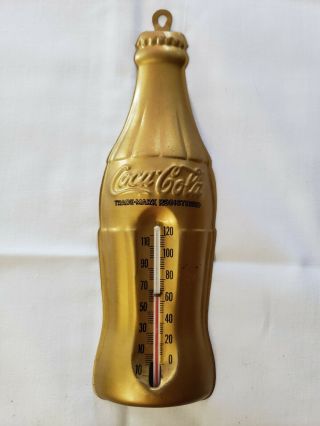 Vintage Coca Cola 7” Tin Gold Coca - Cola Bottle Thermometer Coke Metal Hanging