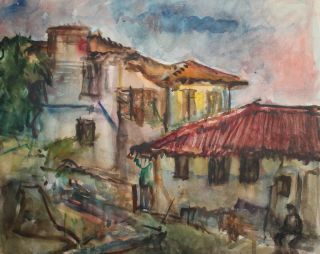 Vintage Impressionist Watercolor Painting Village Landscape