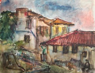 Vintage Impressionist Watercolor Painting Village Landscape 2