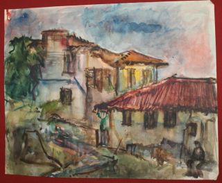 Vintage Impressionist Watercolor Painting Village Landscape 3