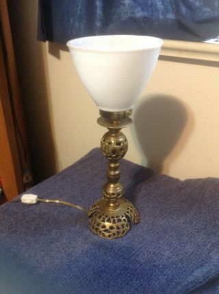 Vintage Brass Decorative Column Table Lamp With Milk Glass Shade