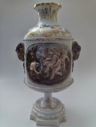 Antique Hand Painted Vase Or Urn Raised Nudes & Rams Head Handles,  N Crown Mark