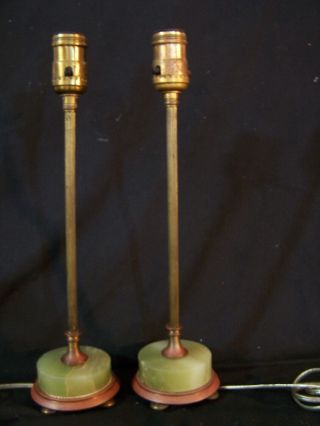 2 Antique Vintage Art Deco Brass & Alabaster Marble Table Lamps C1920