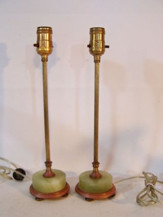 2 Antique Vintage Art Deco Brass & Alabaster Marble Table Lamps c1920 2