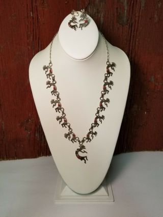 Vintage Kokopelli Sterling Silver Necklace With Red Coral Stone And Earrings Set