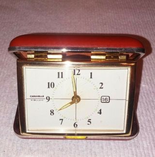 Vintage Caravelle By Bulova Travel Alarm Clock With Date - Calendar Red Case