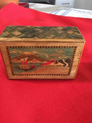 Vintage Japanese Inlaid Hand Painted Wood Puzzle Box Mt Fujiyama,  Birds 5x3x2.  5
