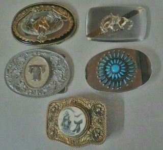 5 Vintage Belt Buckles German Silver,  Turquoise,  Horse Head,  1974 Texas