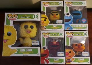 Funko Pop Sesame Street Flocked Cookie Monster,  Big Bird,  Elmo,  Bert & Ernie
