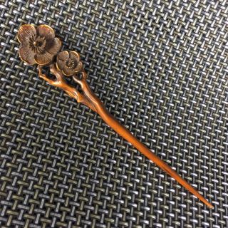 Collectible Boxwood Handwork Plum Blossom Japanese Netsuke Antique Hairpin Rnn