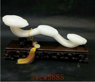 10 " Exquisite Chinese 100 Natural White Jade Hand Carved Ruyi Statue Rn