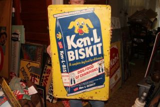 Vintage 1959 Ken - L - Biskit Dog Food Farm Feed Gas Oil 30 " Embossed Metal Sign