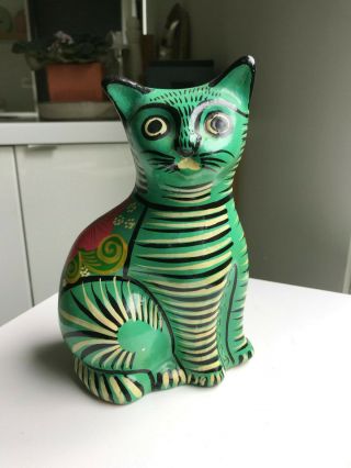 Vintage Mexican Folk Art Tonala Pottery Cat Kitty Figurine Hand Painted Clay