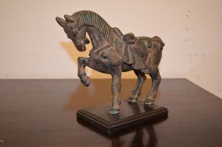 Vintge Heavy Antique Style Metal Chinese Horse Figure On Wooden Stand