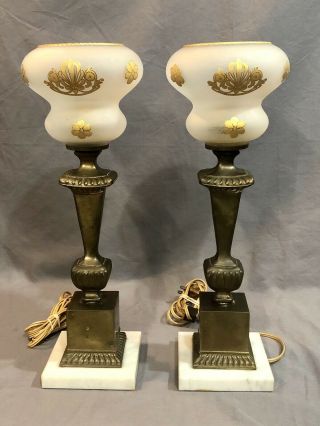 Vintage Pair Electric Marble Base Table Lamps Hand Painted Globe