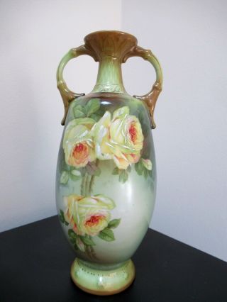 Antique Austria Royal Wettina R.  Hanke Hp Roses Vase With Double Handles 9 3/4 "