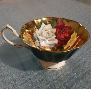Vintage Queen Anne Black & Gold Tea Cup Red & White Roses Bone China England