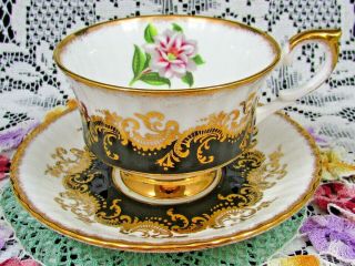 Paragon White & Pink Floral Gold Gilt Scroll Work Black Tea Cup & Saucer