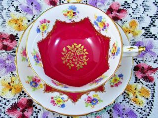 Paragon Pink Rose Gold Gilt Floral Swags Red Wide Tea Cup And Saucer