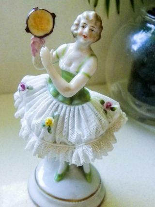 Antique Sitzendorf Germany Ballerina / Dancer In White Lace With Flowers - 15cm
