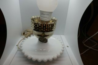 Vintage Hobnail Milk Glass Hurricane Style Table Lamp With Candlewick Base,  Euc