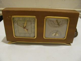 Vintage United Self Starting Wood & Brass Desk Clock Electric With Weather