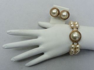 Vintage Majorica Spain Hand Knotted Faux Pearl 2 - Strand Bracelet & Earrings Set