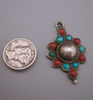 Vintage Navajo Old Pawn Sterling Turquoise Coral Pendant Or Charm