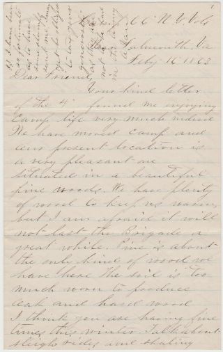 Feb 1863 Civil War Soldier Letter - Camp Of 66th Ny Infantry Near Falmouth Va