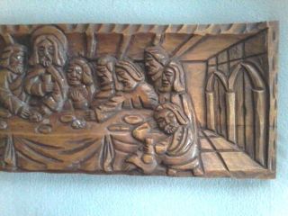 LARGE VINTAGE CARVED WOOD LAST SUPPER PRIESTS ALTAR CHURCH WALL PLAQUE 2