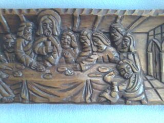 LARGE VINTAGE CARVED WOOD LAST SUPPER PRIESTS ALTAR CHURCH WALL PLAQUE 3