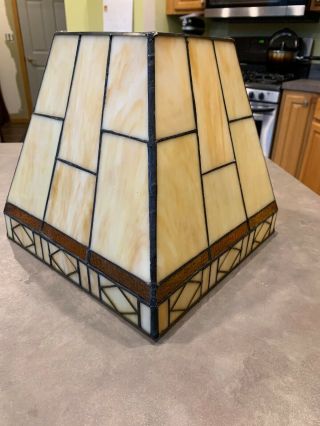 Mission Arts Crafts Tiffany Style Leaded Stained Slag Glass Lamp Shade Tan Brown