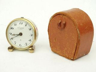 Antique Looping 15 Jewel Pocket Traveling Alarm Clock Swiss Watch Leather Case