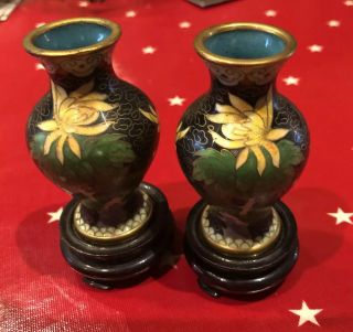 A Vintage Chinese Cloisonne Enamel Vases On Wooden Display Stands