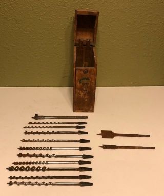 Vintage Unique Wooden Drill Bit Case / Box W/ 13 Bits Auger & Butterfly