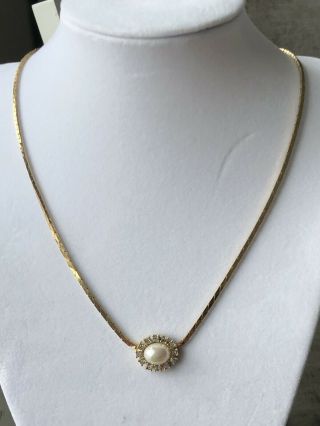 Vintage,  Christian,  Dior,  Gold,  Tone Pearl And Rhinestone Necklace