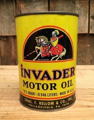 Vintage Invader Motor Oil 1qt Tin Can Auto Gas Service Station Knight Graphic