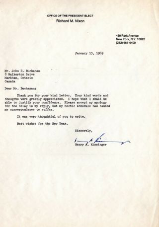 Henry Kissinger Signed Letter On Office Of The President Elect Nixon Letterhead