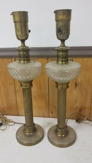 Vintage Pair Tall 28” Cut Crystal Clear Glass and Brass Corinthian Column Lamps 2