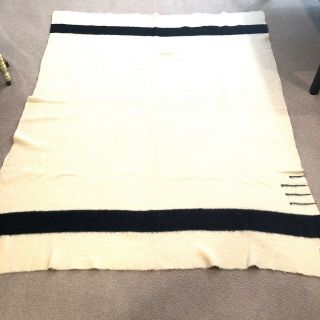 Vtg Hudson Bay Wool Blanket 3 1/2 Point White Black Strip Made In England 80x60
