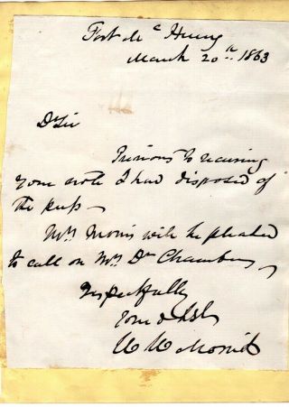1863,  Fort Mchenry,  General William W,  Morris,  Signed Letter To Dr.  Chambers