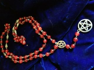 Wiccan Pagan Pentagram Skulls Rosaries Blood Red Glass Beads Hand Made 22 "