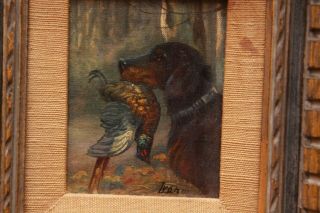 Vintage Miniature Canvas Oil Painting Of Hunting Dog W/ Bird Signed Art Framed