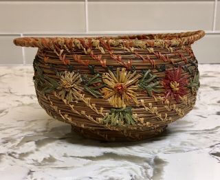 Small Vintage Colorful Pine Needle Hand Woven Basket With Handles Estate