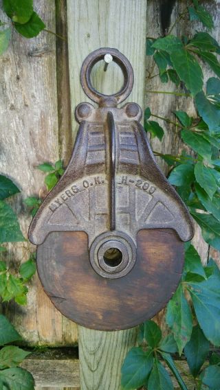 Antique Cast Iron Myers Ok Barn Rope Pulley - An Old Rustic Hay Barn Primitive
